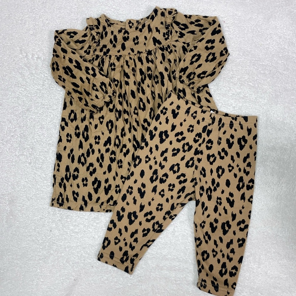 Carters baby leopard twill dress and matching sweats 12m
